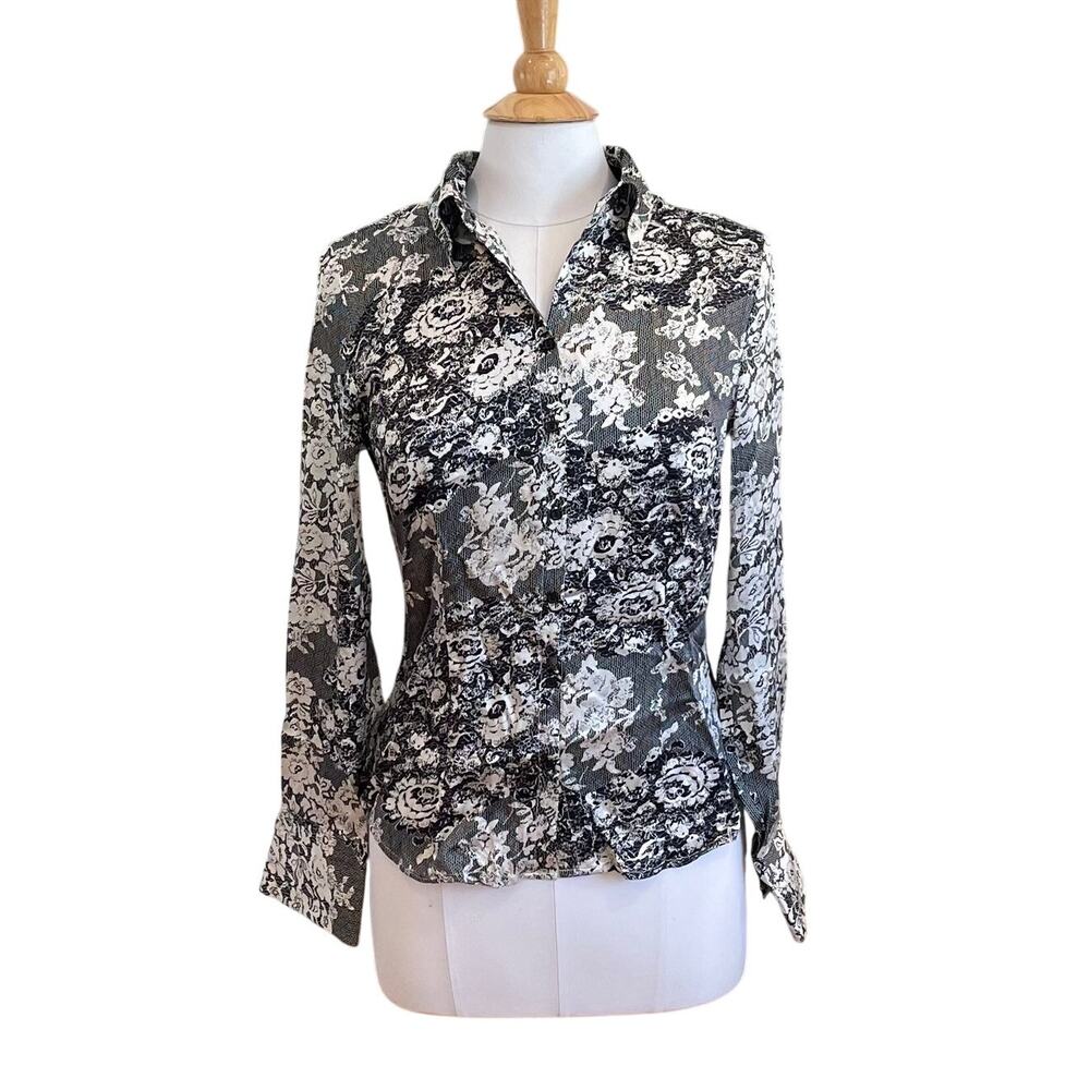 apt. 9 Black Silk Floral Long Sleeve Button Down Blouse Career Office Chic S-M
